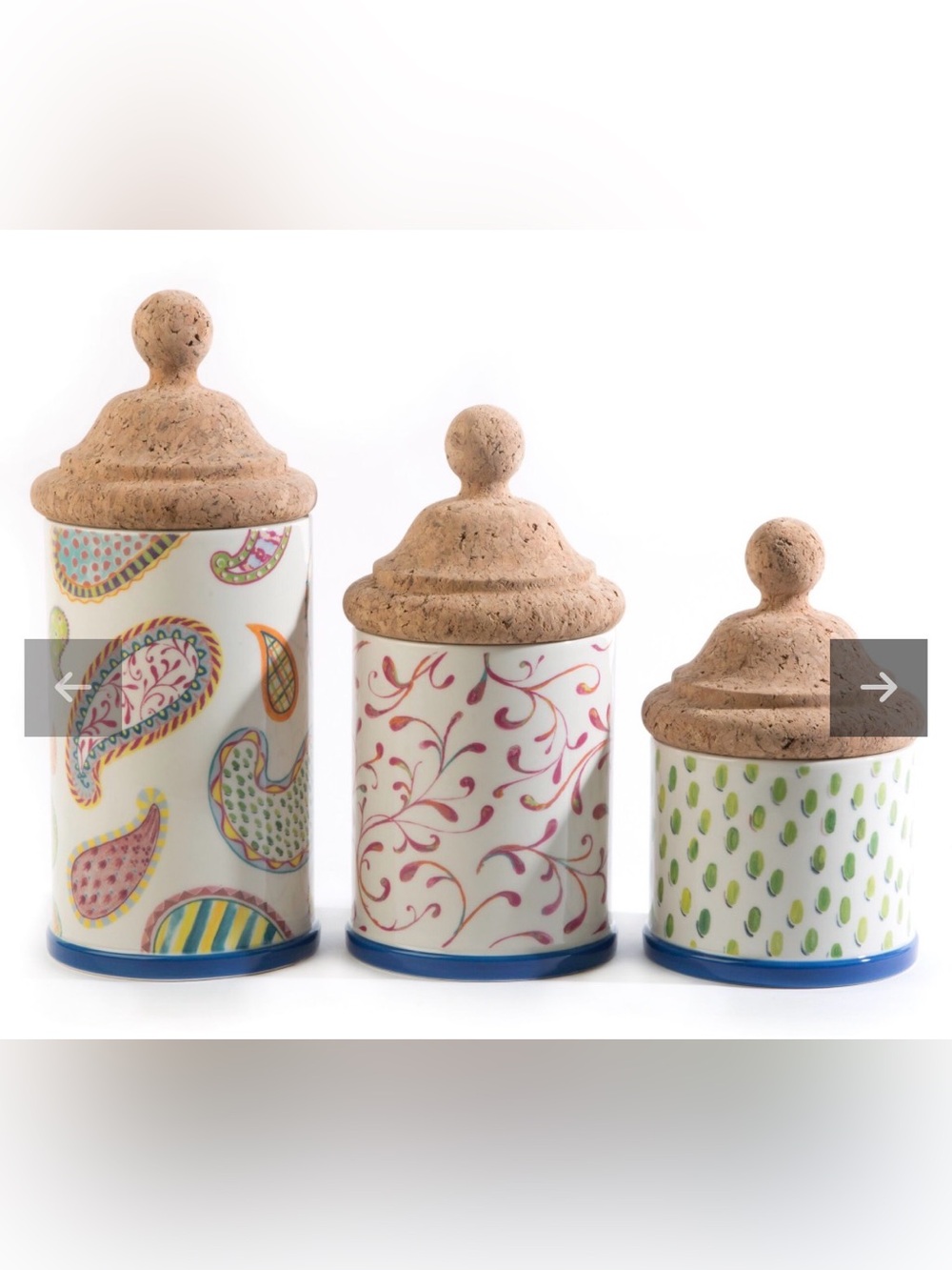 MacKenzie-Childs Multicolor Paisley and Dot Ceramic Canister Set with Cork Lids